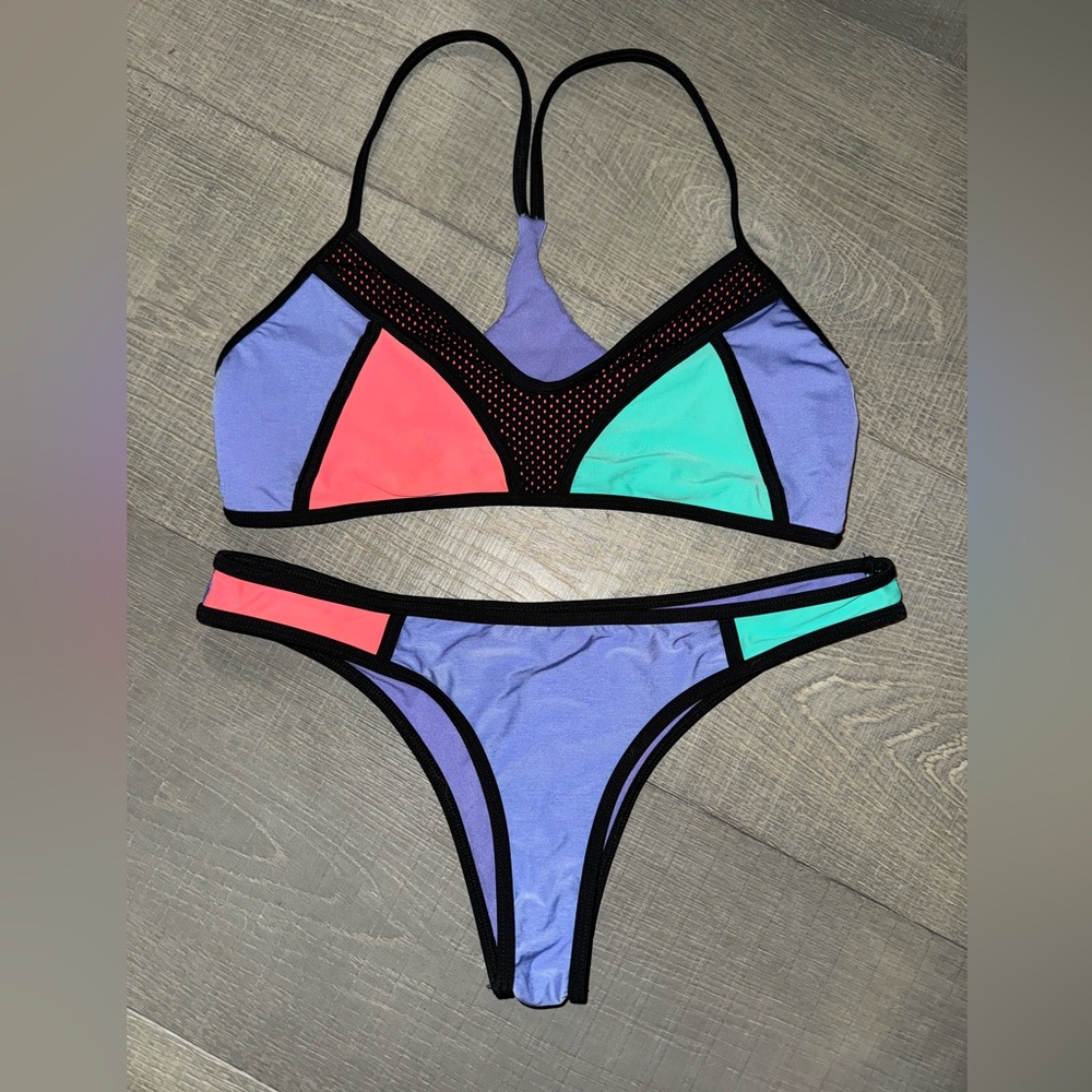 Body Glove Colorblock Triangle Bikini Set Purple Coral & Teal Med Top S/P Bottom